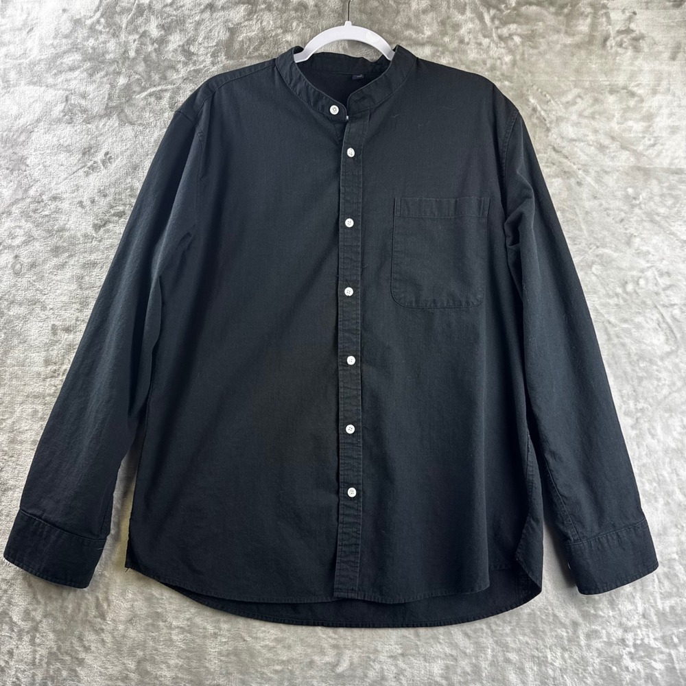 Design In Italy Band Collar Shirt Mens Large Black Long Sleeve Button Up (1890)